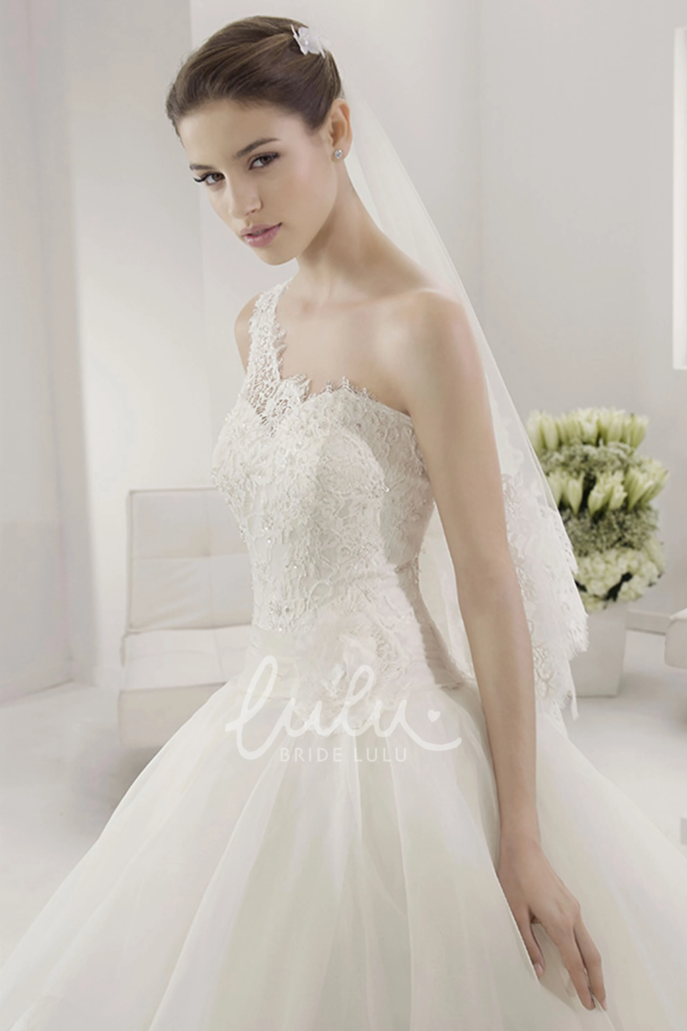 Lace Top Single Strap Bridal Gown with Layered Organza Skirt Unique Wedding Dress Women