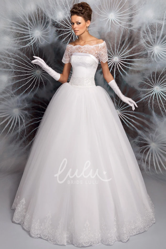 Off-The-Shoulder Appliqued Tulle A-Line Wedding Dress with Short Sleeves