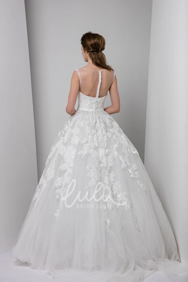 Sleeveless Appliqued Tulle Wedding Dress with Bateau Neckline Illusion Back and Ruffles Unique Bridal Gown