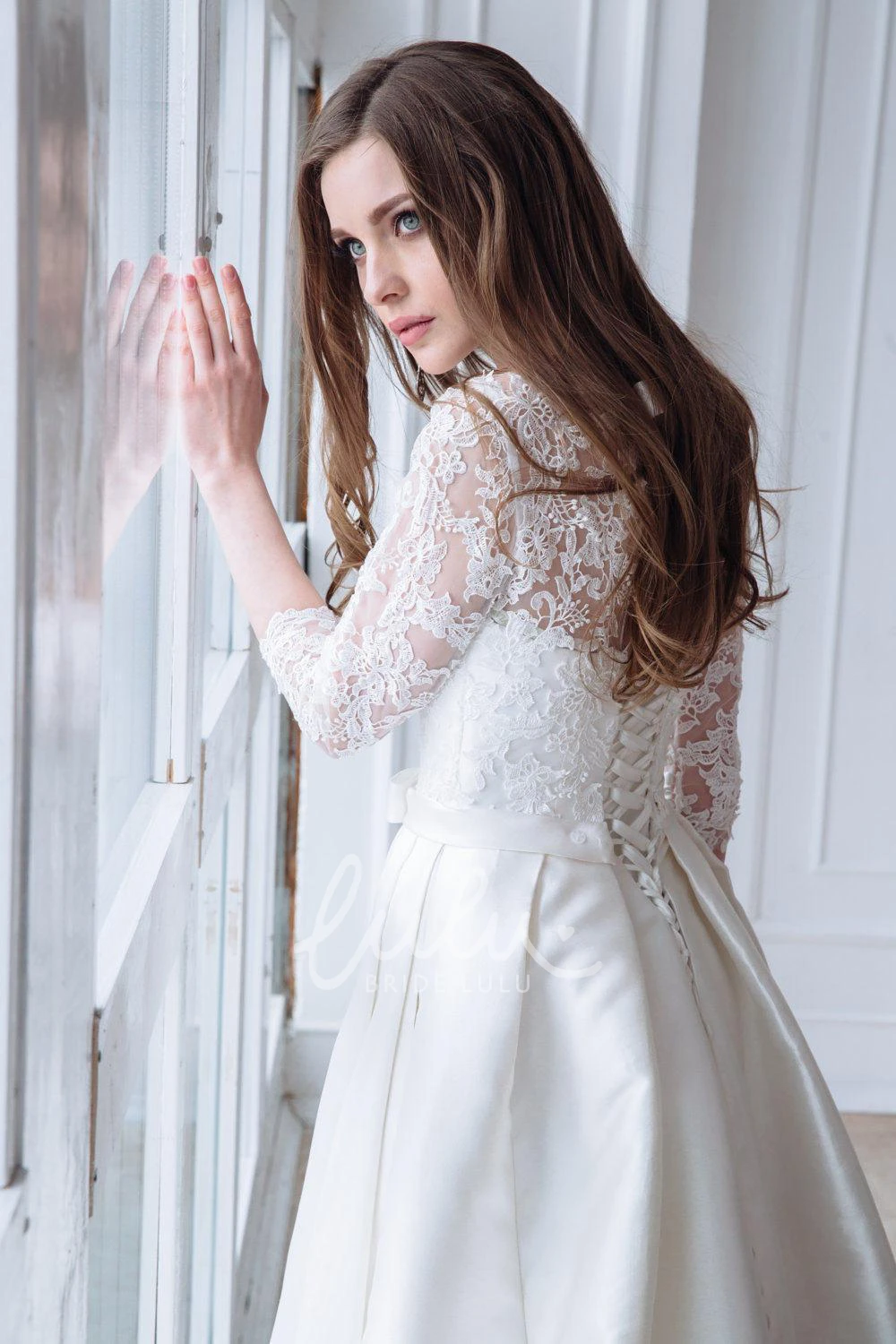 Satin A-line Wedding Dress with Lace Sleeves and Corset Back