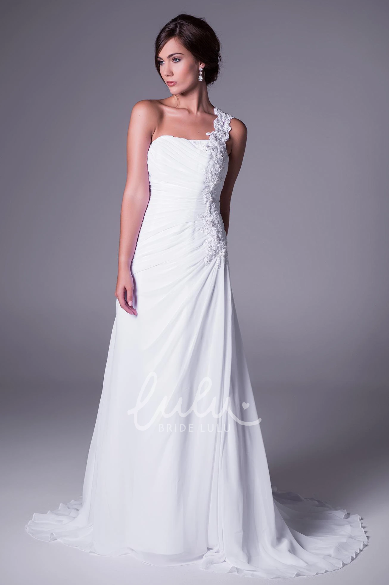 Ruched Chiffon One-Shoulder Wedding Dress Floor-Length Brush Train
