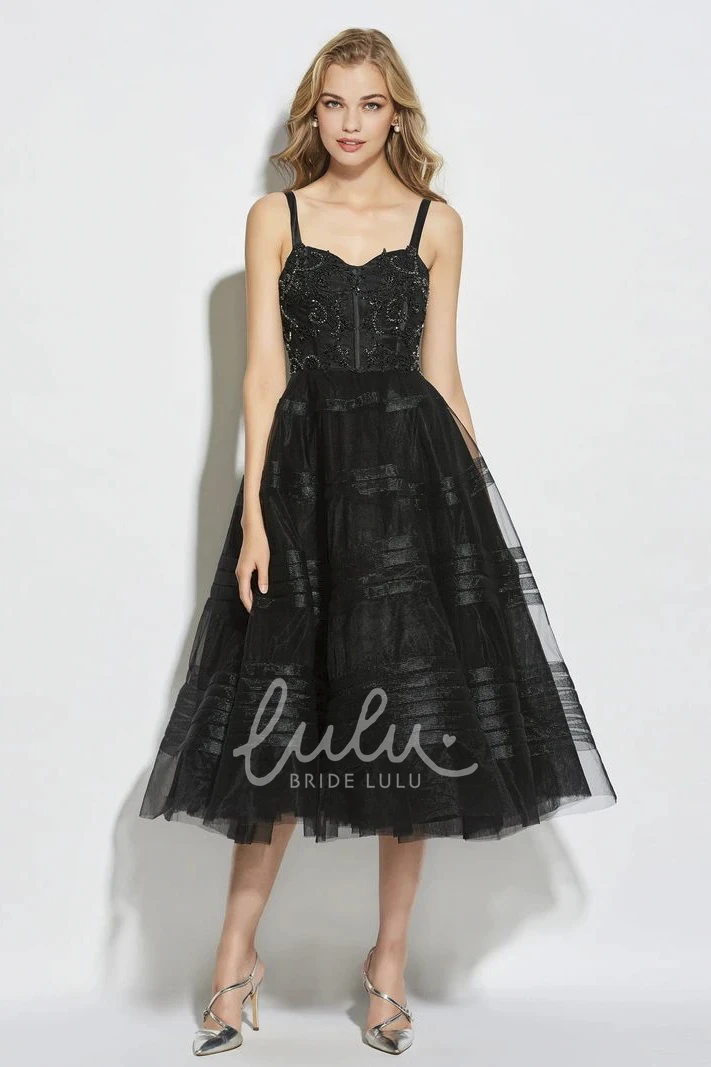 Vintage Tea-length A-line Bridesmaid Dress with Beaded Straps and Sweetheart Neckline