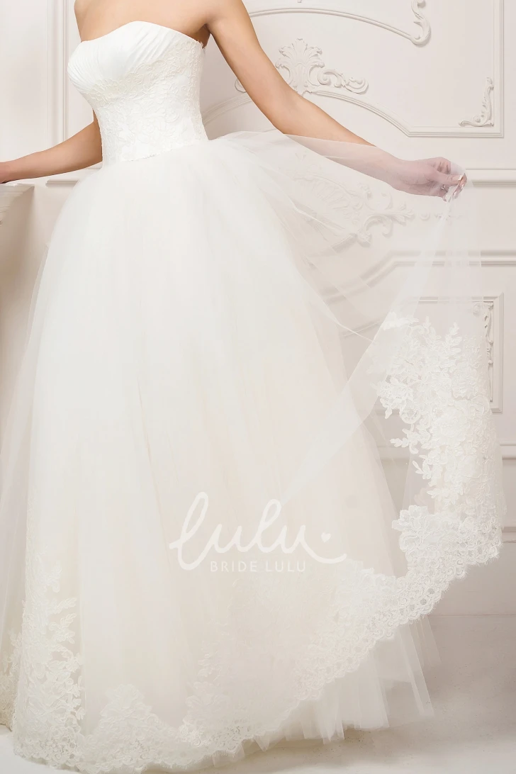 Ruched A-Line Tulle Wedding Dress with Strapless Neckline and Appliques