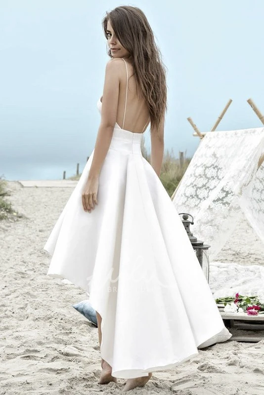 Simple High-Low Beach Wedding Dress with Spaghetti Straps and Ruching