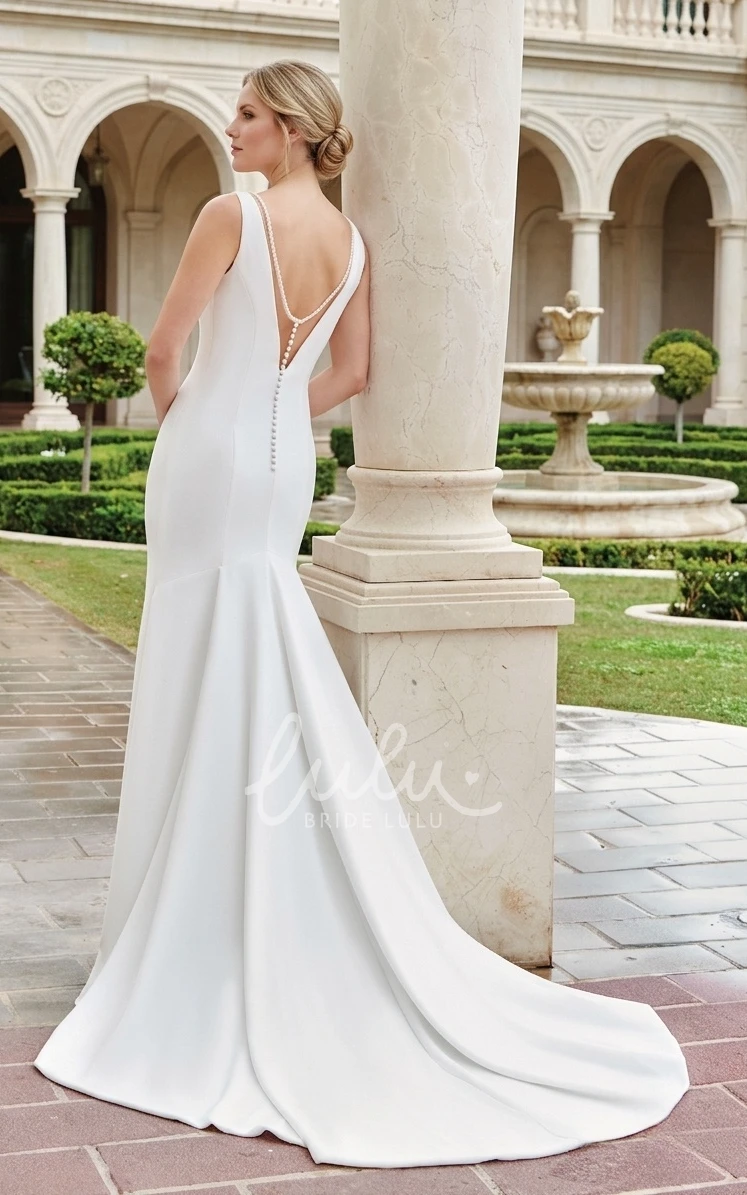 Sexy Elegant Mermaid V-neck Satin Beading Draping Bridal Dress Simple Solid Vow Renewal Floor-length Sleeveless Low-V Back with Button Wedding Gown
