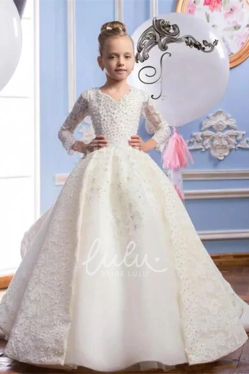 V-Neck Laced Flower Girl Dress with Beading Tiered Ball Gown