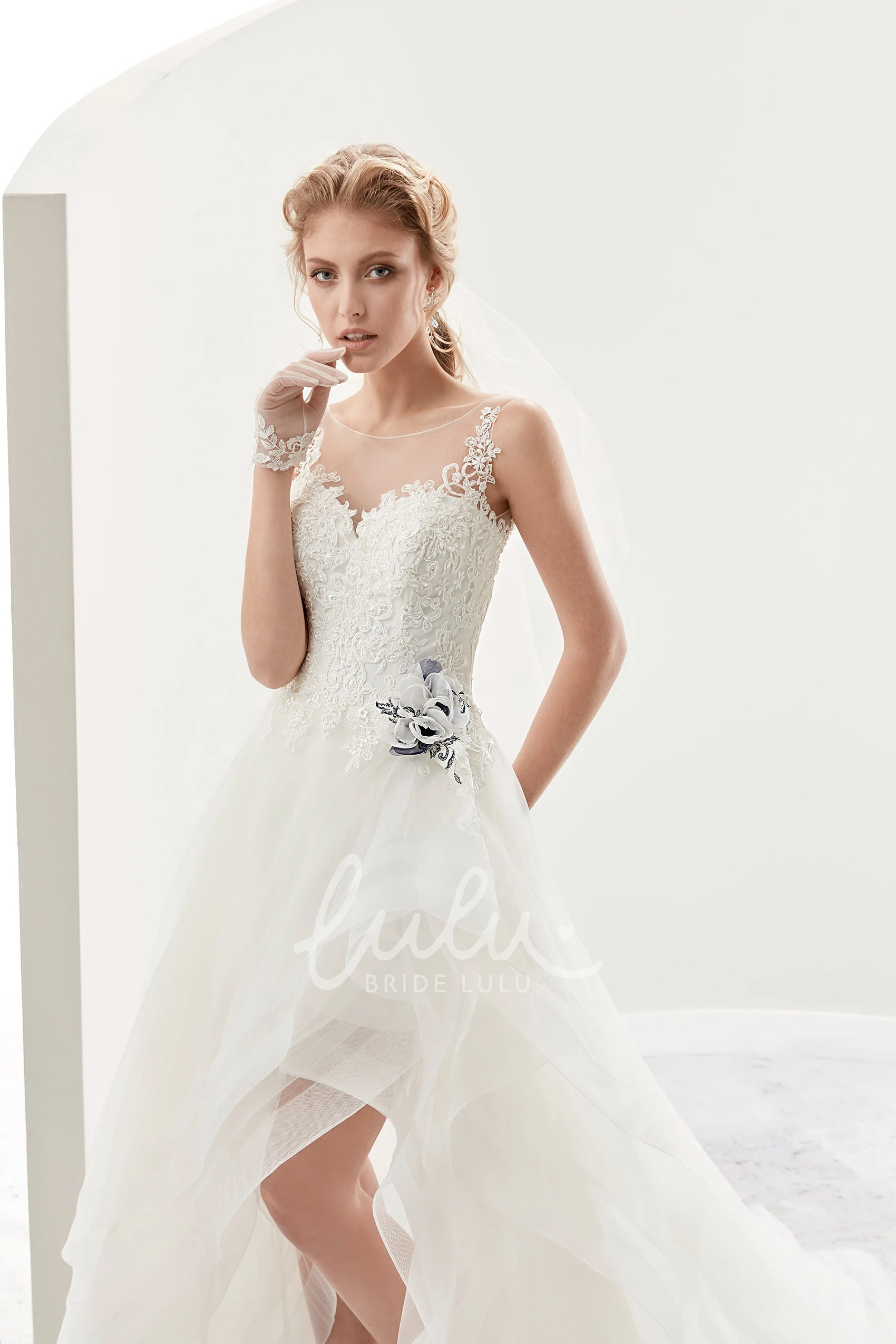 High-Low Bridal Gown with Cap Sleeves Flower Embellishment and Ruffles