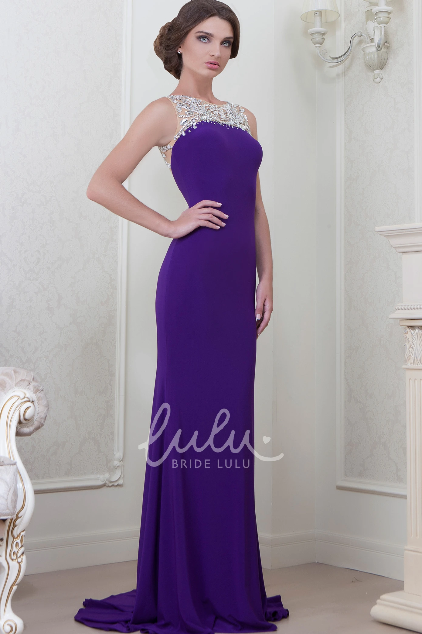Beaded Sleeveless Jewel-Neck Sheath Evening Dress