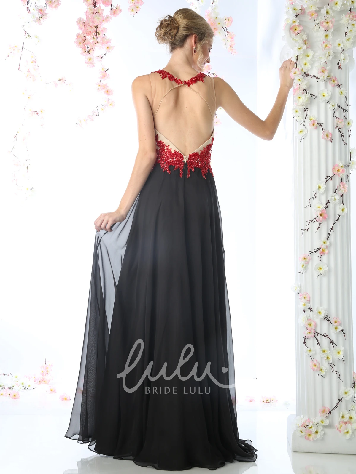 Maxi Chiffon Jewel-Neck Dress with Appliques for Women
