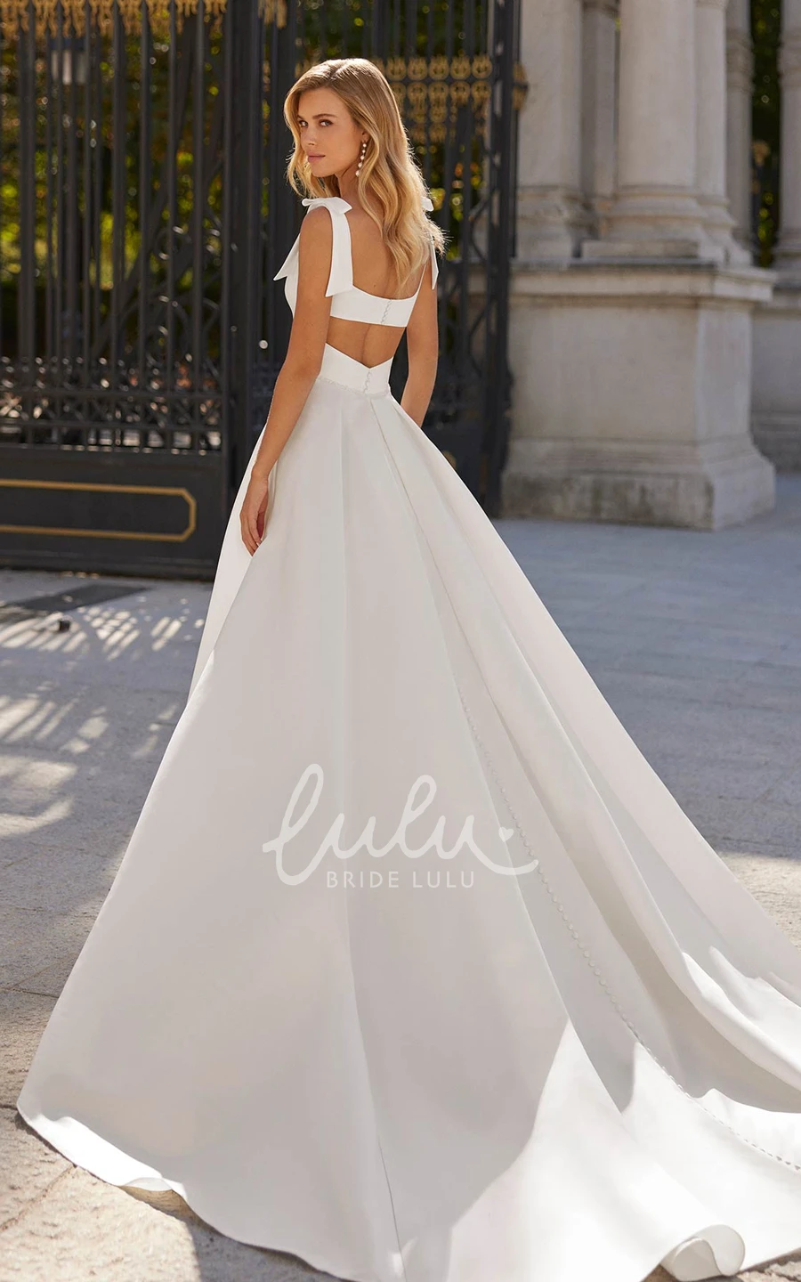 Minimalist Wedding Dress A Line Wide Strap Satin Square Neck Backless Bridal Gown