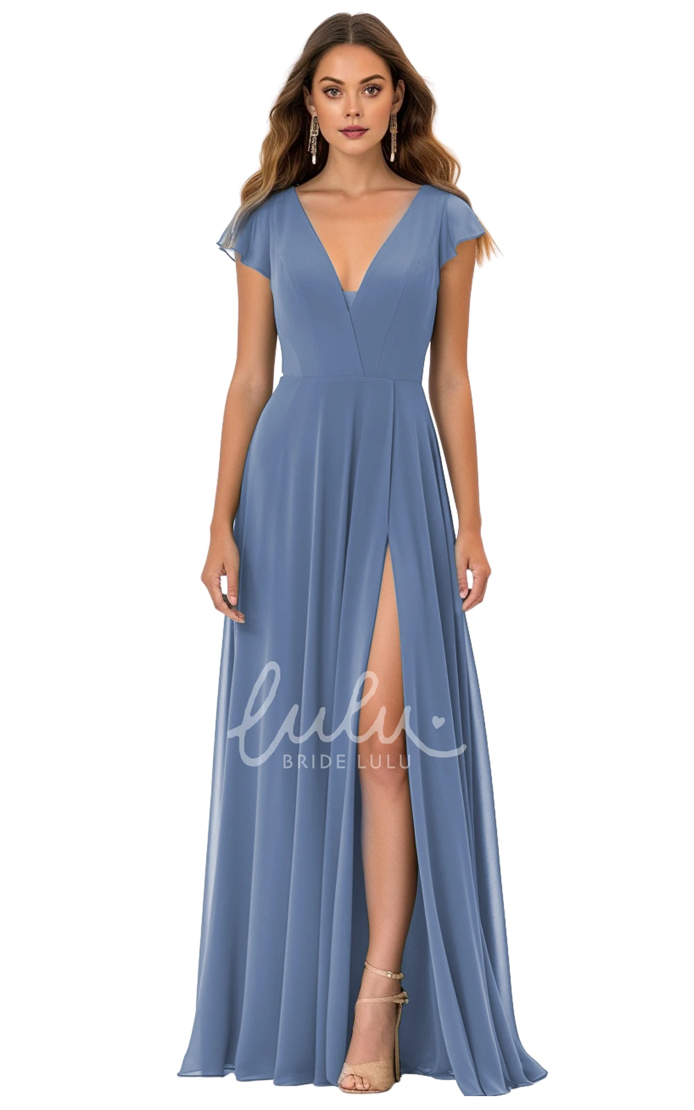 A-Line V-neck Chiffon Bridesmaid Dress with Split Front Modest and Classy