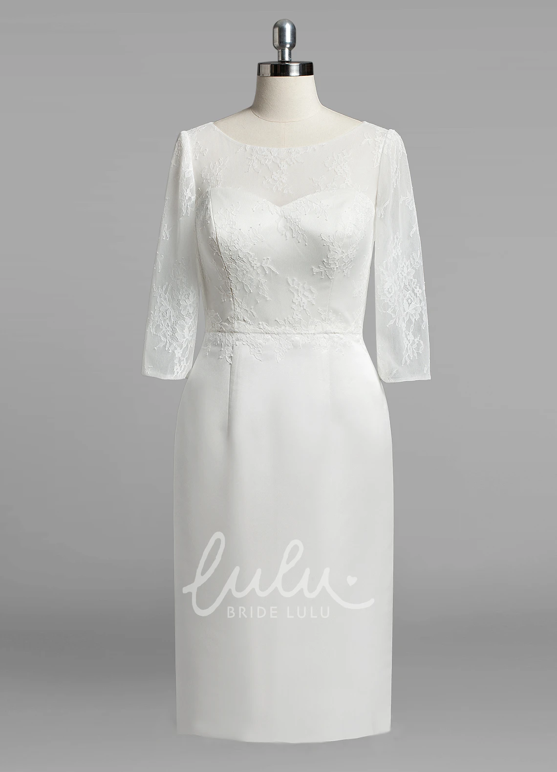 Satin Sheath Wedding Dress with Lace Bodice and 3/4 Sleeves