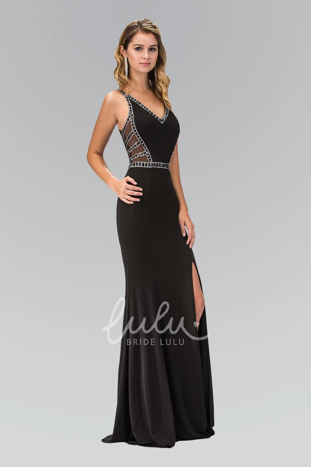 Split Front Sheath Long V-Neck Sleeveless Jersey Bridesmaid Dress