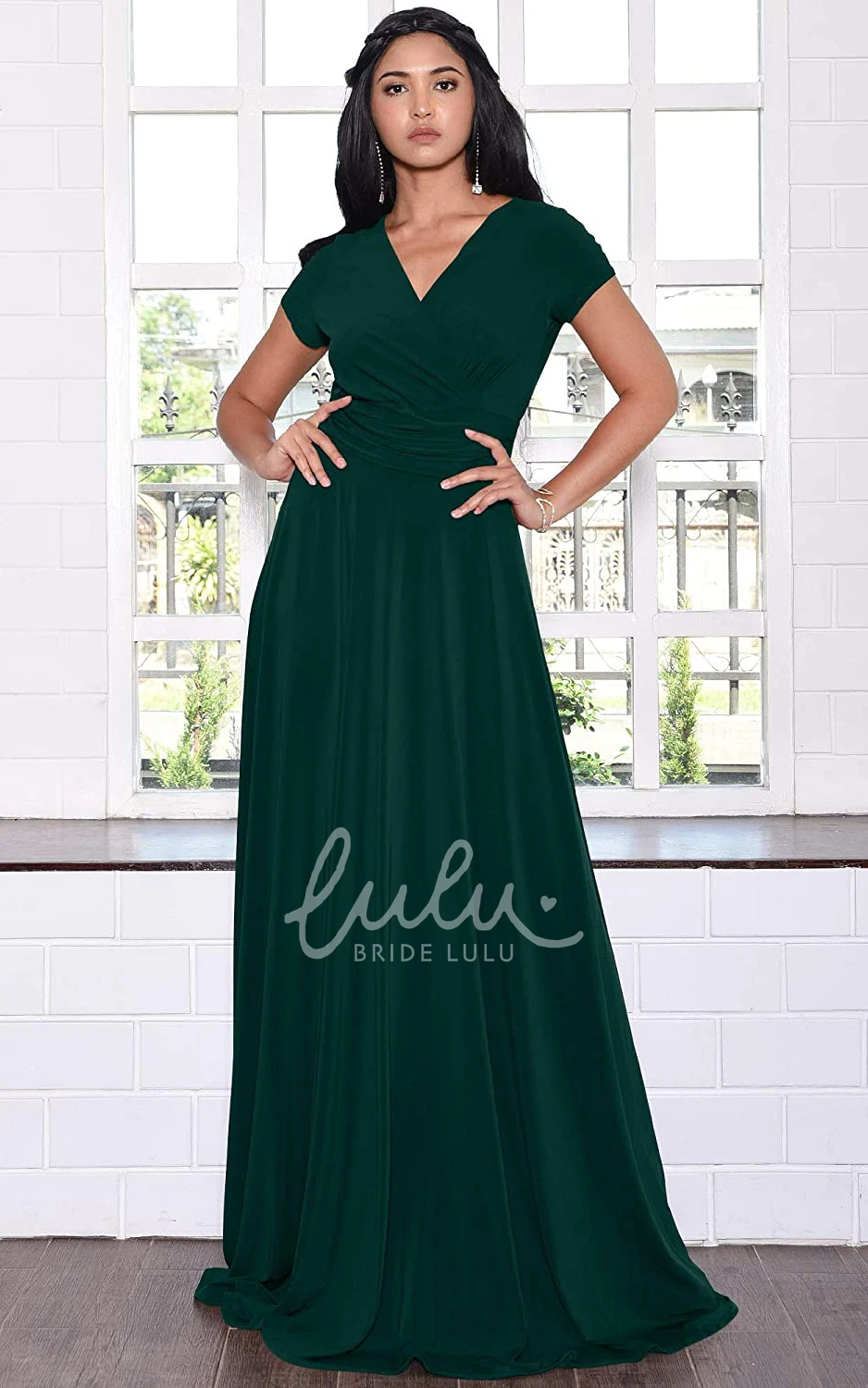 Simple Jersey V-neck A-line Evening Dress with Criss Cross and Pleats Prom Dress