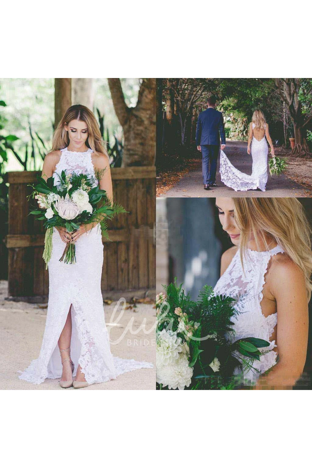 Lace High Neck Open Back Warm Wedding Dress Sheath Style