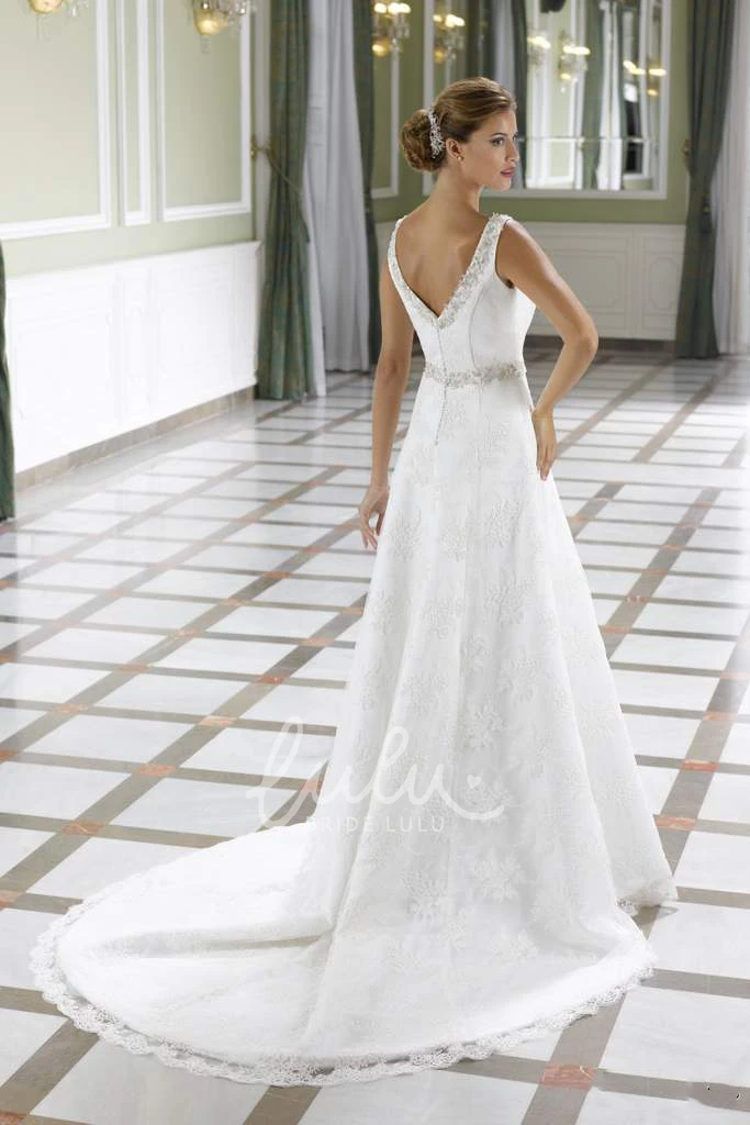 Sleeveless A-Line Lace Wedding Dress with V-Neck Jeweled Bodice and Court Train