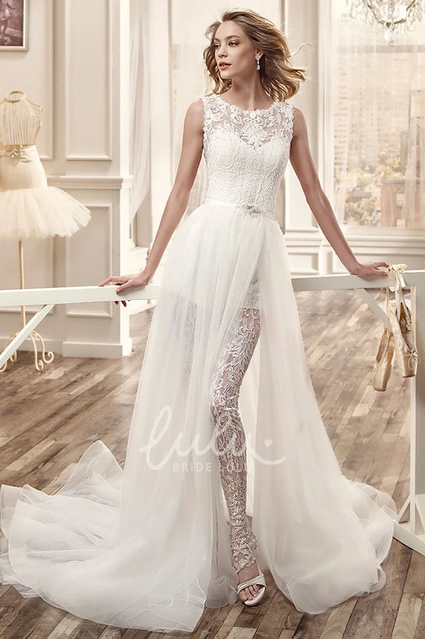 Tulle and Lace Jewel-Neck Warm Wedding Dress with Side Split