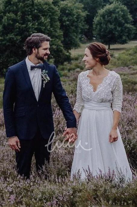 Chiffon and Lace Scalloped Plunging Wedding Dress Ethereal & Modern