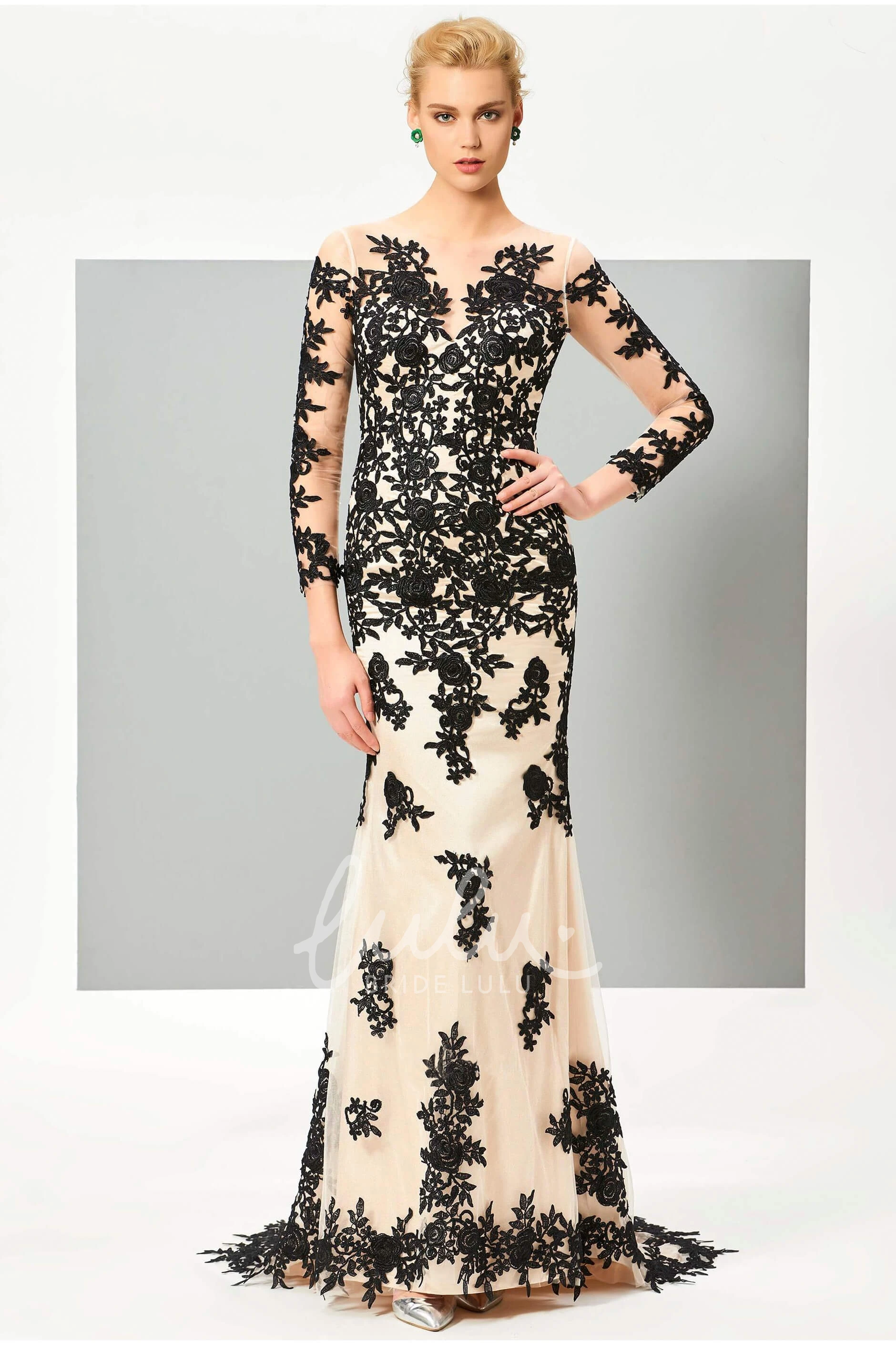 Illusion Mermaid Gown with Floral Appliques 3/4 Sleeve Button Back
