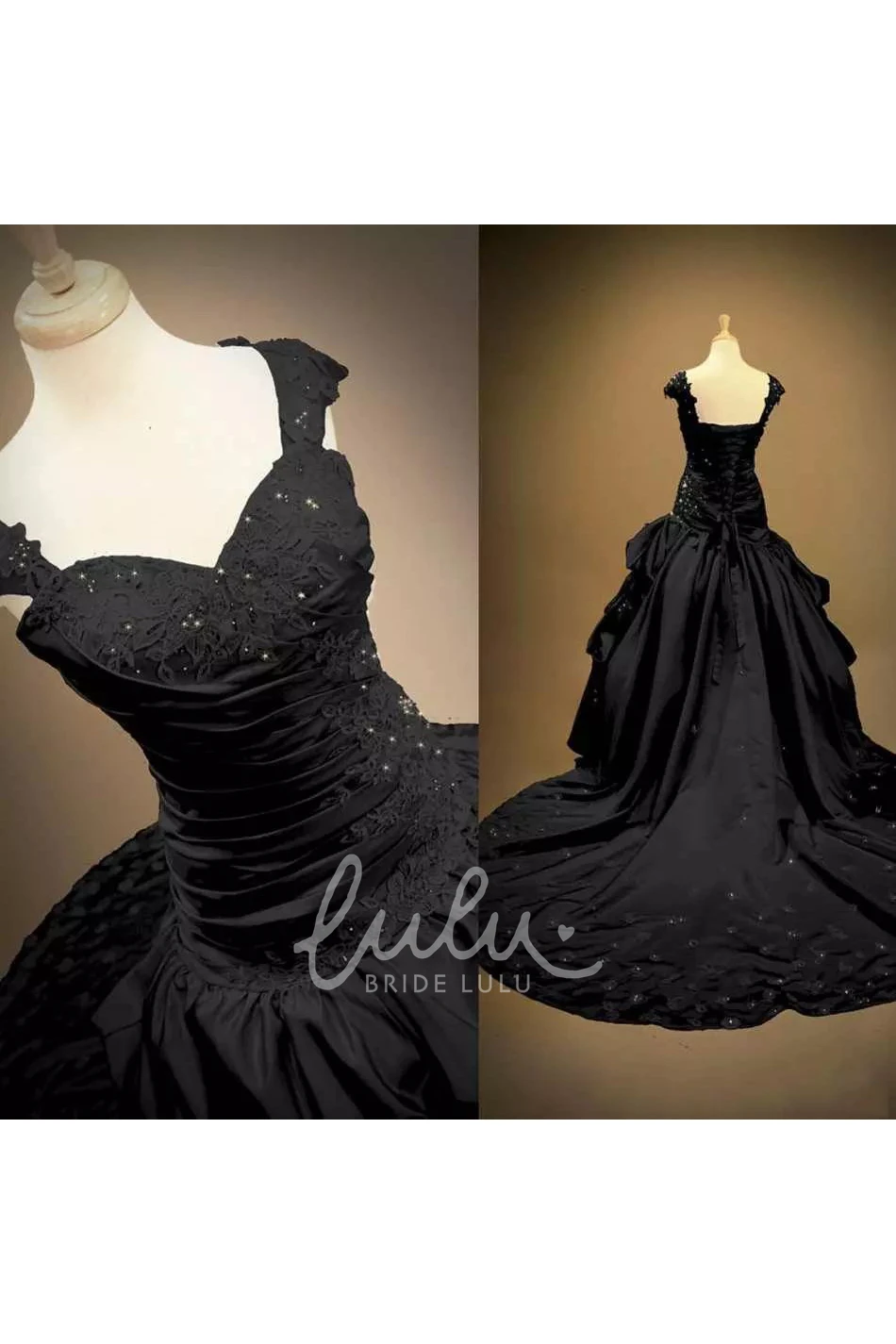 Ball Gown Taffeta Wedding Dress with Appliques and Ruffles Sleeveless Straps Chapel Train