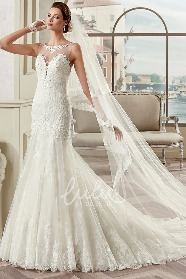 Lace Mermaid Wedding Dress with Jewel Neckline Cap Sleeves and Illusion Design