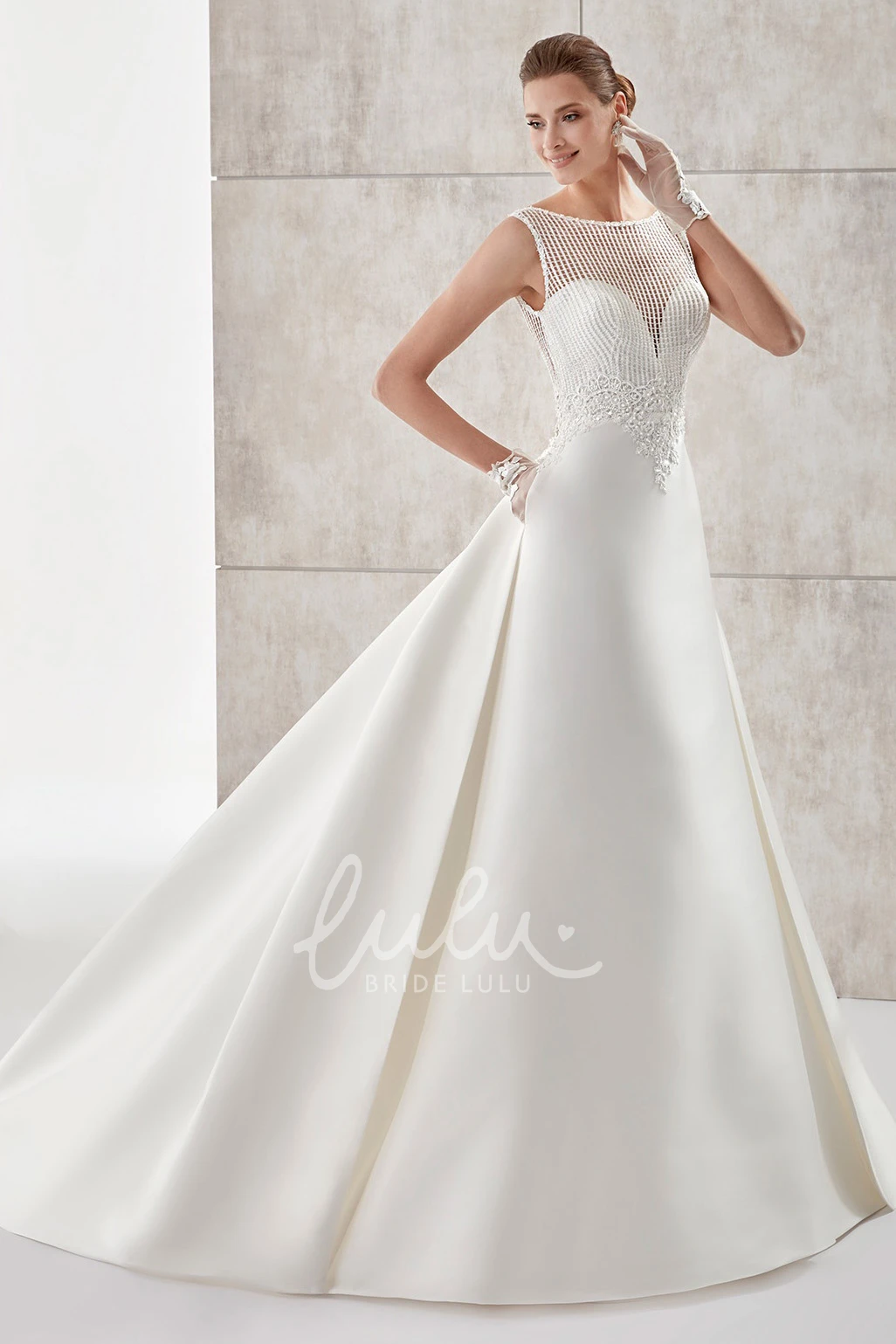 Satin A-Line Wedding Dress with Lace Bodice and Open Back Classic Bridal Gown