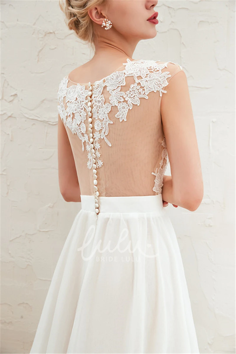 Illusion Cap Sleeve A-line Chiffon Bridal Gown with Lace Appliques