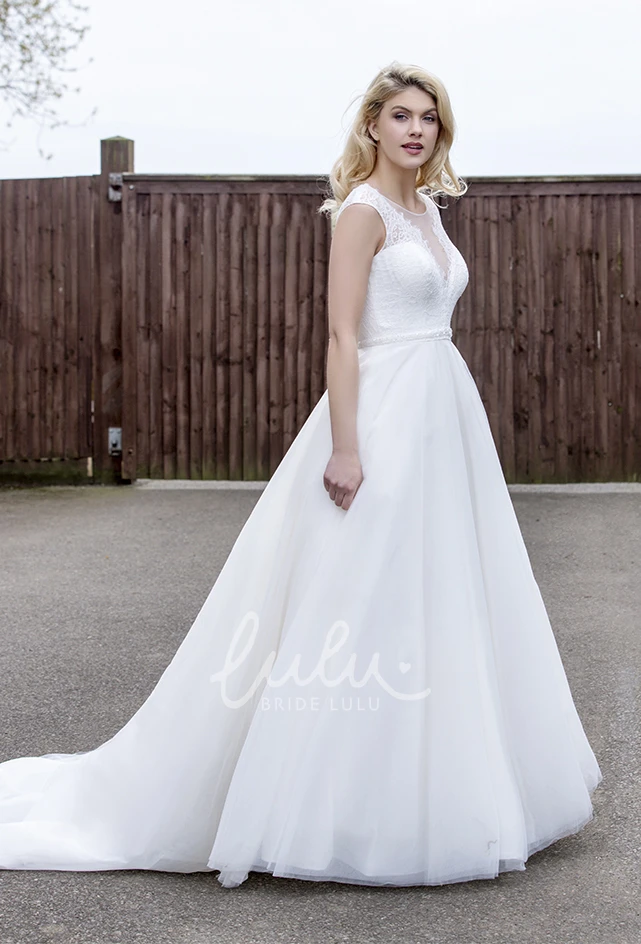 A-line Tulle Ball Gown with Illusion Lace V-neck and Back for Brides
