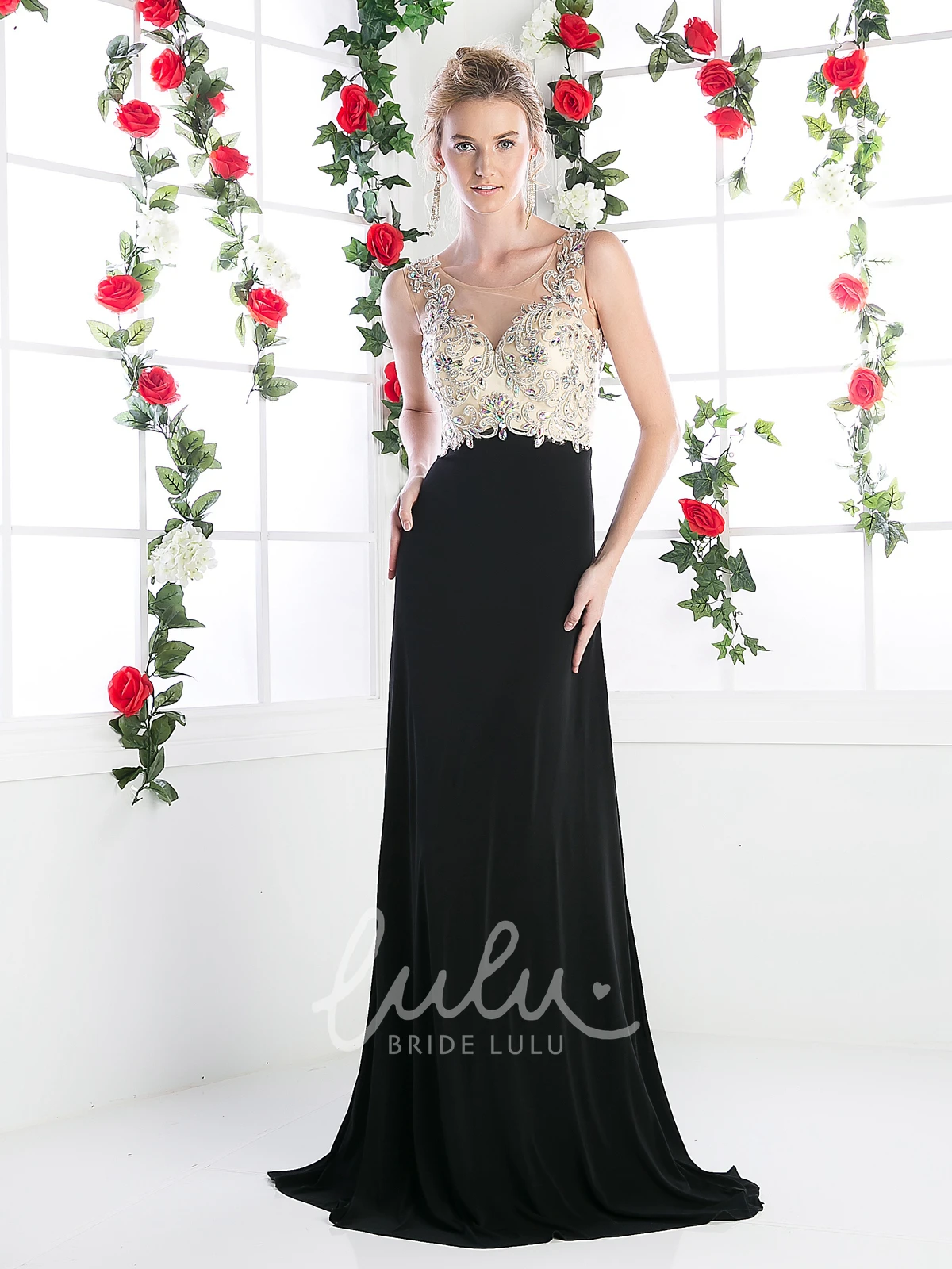 A-Line Illusion Court Train Jersey Formal Dress with Beading