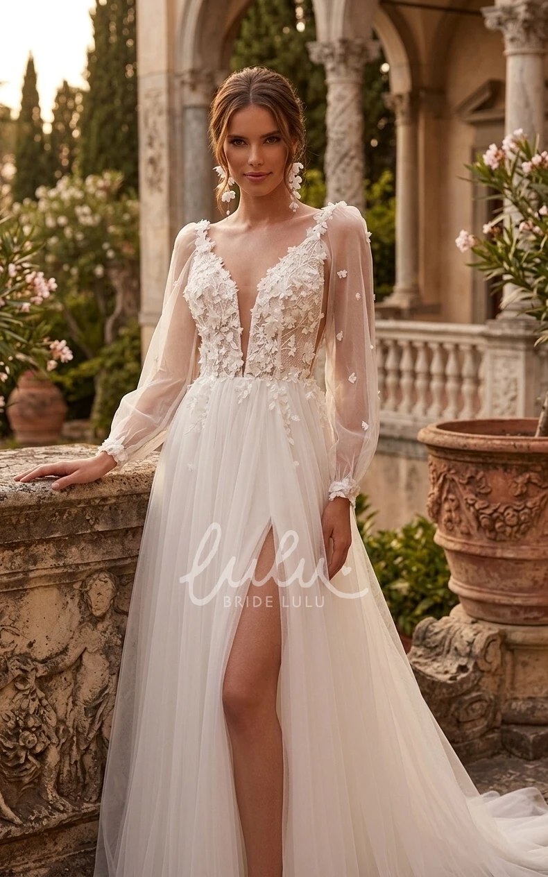 Elegant Romantic A-Line Plunging Neckline Floor-length Lace Appliques Tulle Spring Wedding Dress Sexy Ethereal Spaghetti Long Sleeve Deep-V Back Bridal Gown