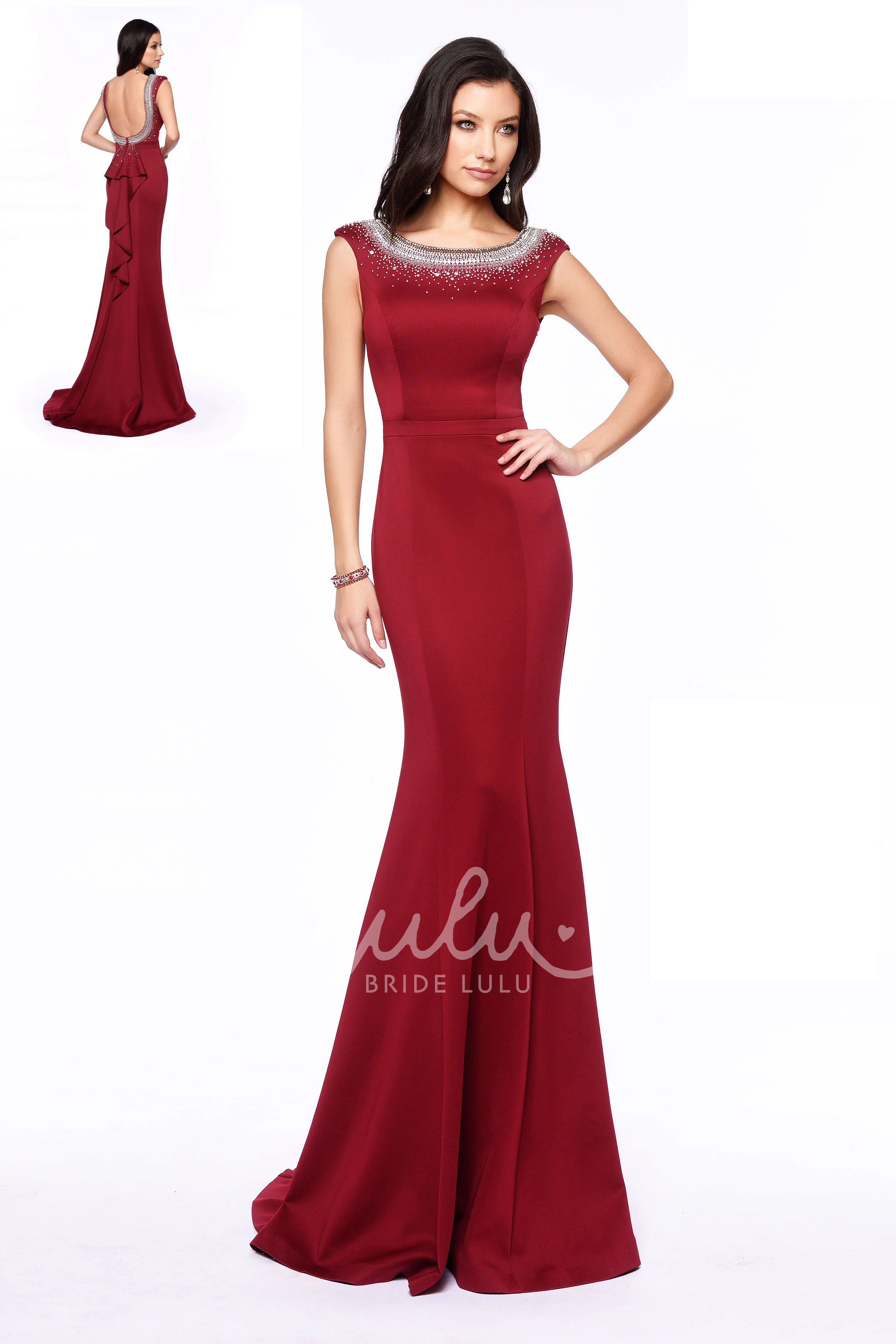 Beaded Backless Sheath Formal Dress with Cap Sleeves