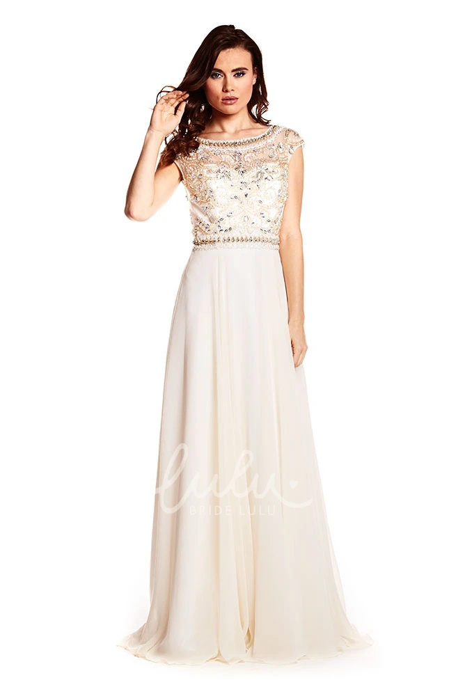 Chiffon Cap Sleeve Prom Dress with Beaded Bateau Neckline and Keyhole