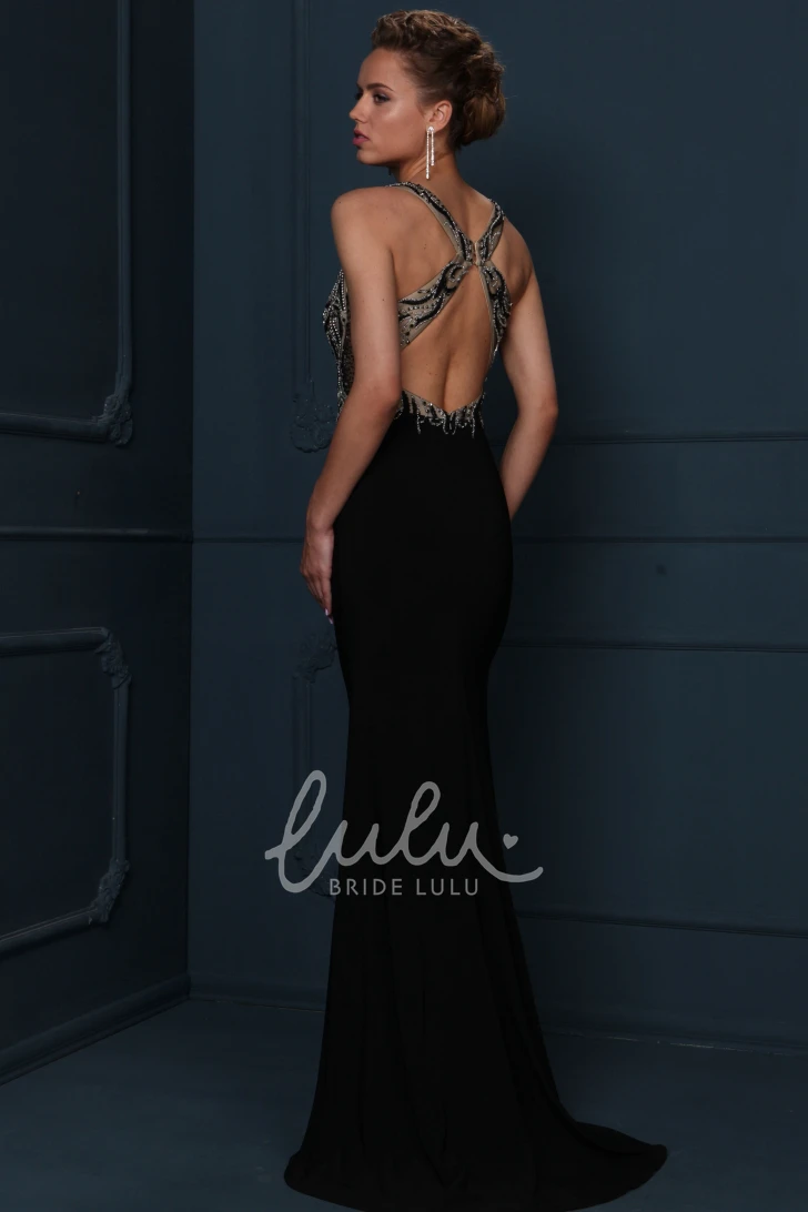 Strappy Sweep Train Evening Dress with Beaded Jersey Fabric