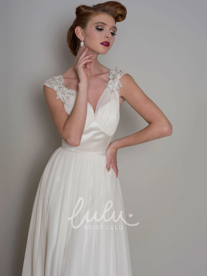 Beaded V-Neck Organza Wedding Dress Cap-Sleeve Floor-Length Pleated