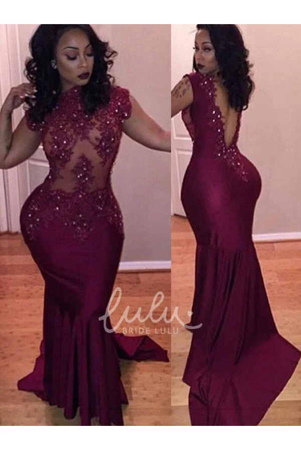 High Neck Satin Lace Mermaid Formal Dress with Sweep Train and Cap Sleeves