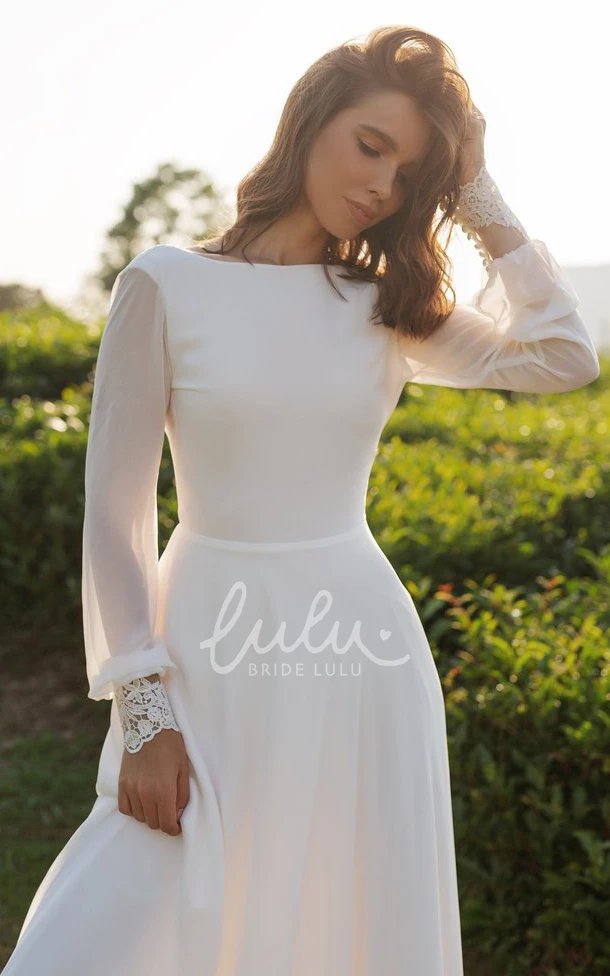 Chiffon A-Line Long Sleeve Lace Wedding Dress with Low-V Back Flowy and Classy
