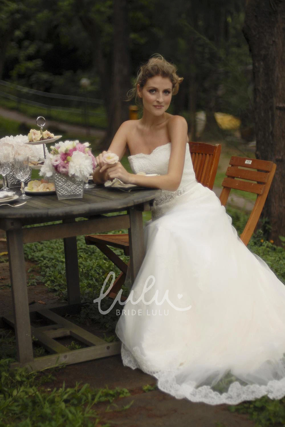 Appliqued Strapless A-Line Lace Wedding Dress with Jeweled Bodice