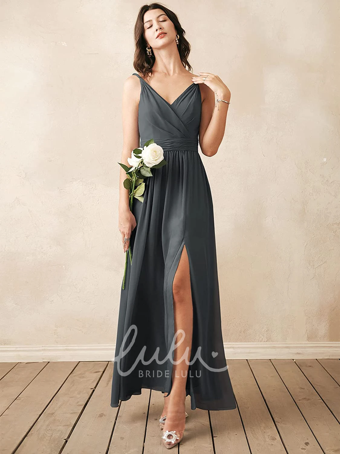 Sleeveless V-neck Chiffon A-line Bridesmaid Dress with Ruching Romantic