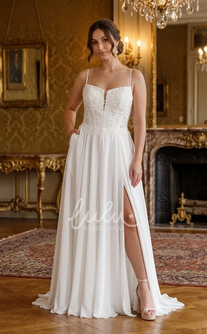 A-Line Sleeveless Plus Size Wedding Dress V-Neck Chiffon Slit Bridal Gown with Pockets