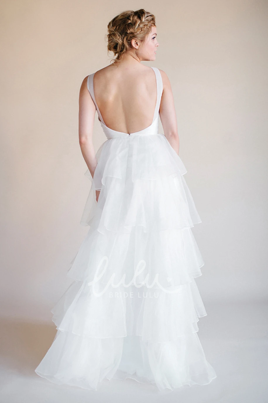 Organza V-Neck Wedding Dress Sleeveless Tiers & Backless Design Elegant