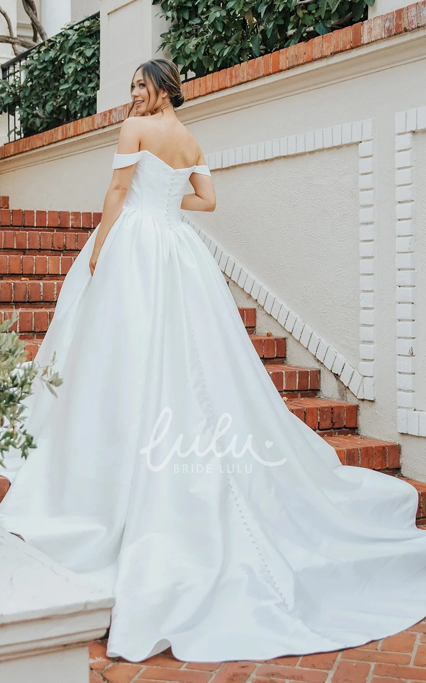 Elegant Vintage A-Line Off-the-shoulder Simple Solid Wedding Dress Satin Sleeveless V-Back Ball Gown