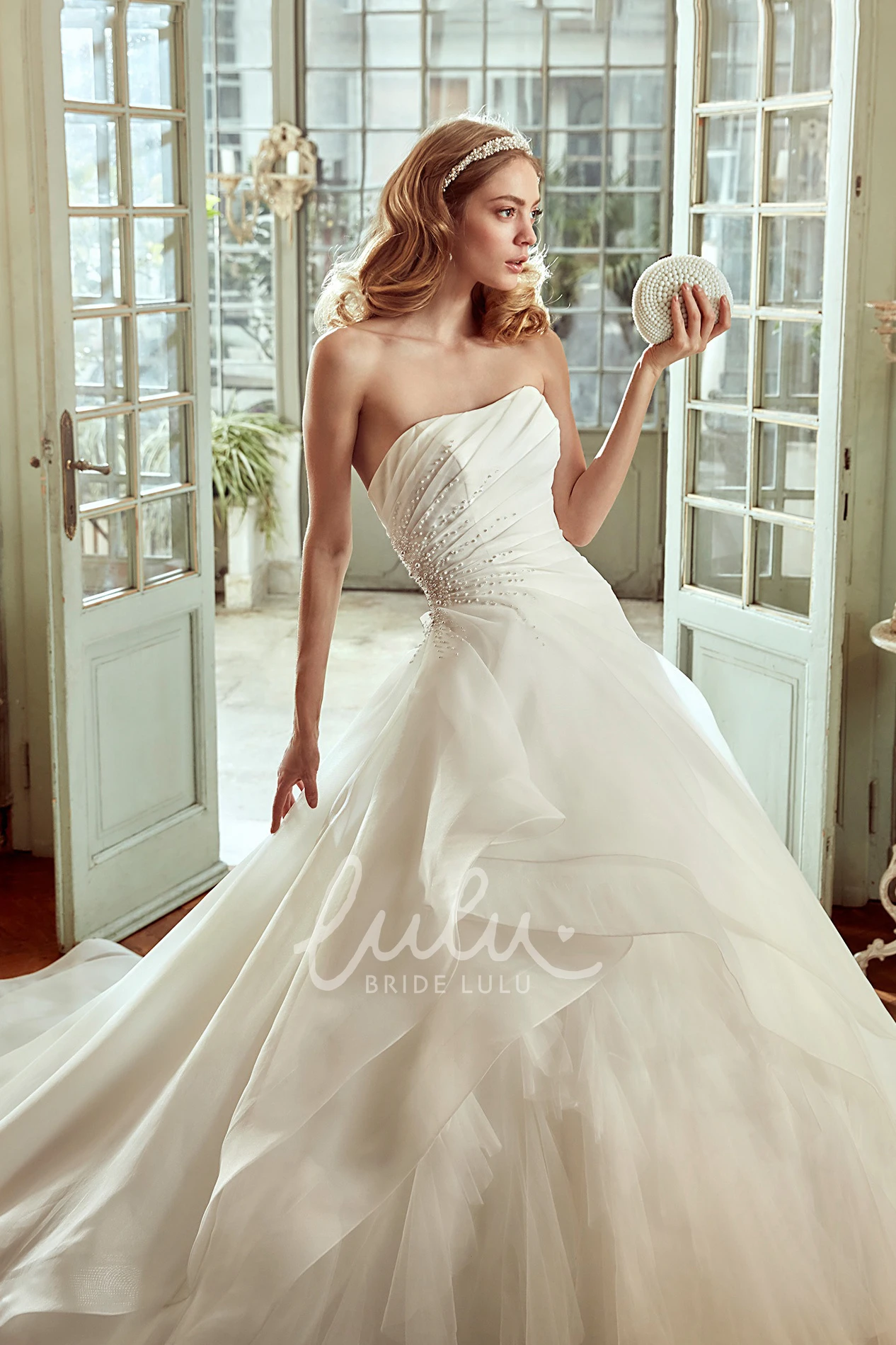 Ruched Skirt Strapless Wedding Dress with Brush Train and Side Draping