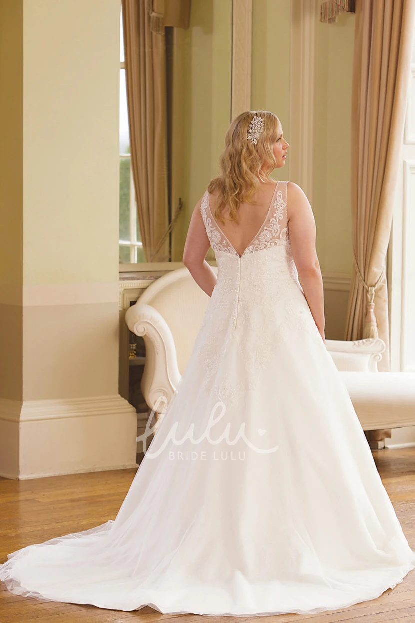 Plus Size Lace Ball Gown Wedding Dress with Scoop-Neck and Jeweled Appliques