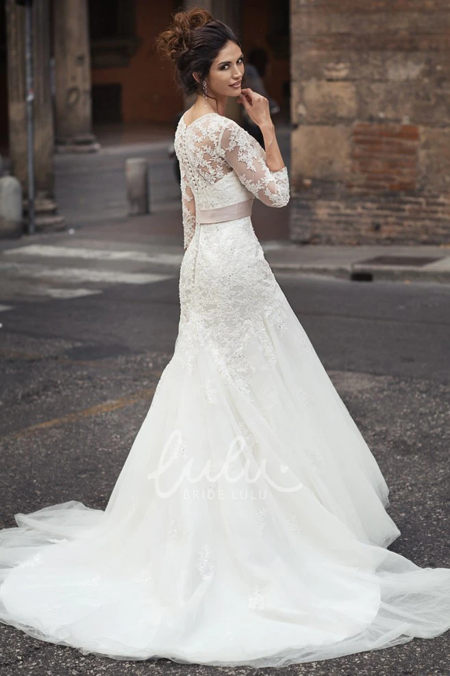 Lace&Tulle Maxi Wedding Dress with 3-4-Sleeves and Flower Unique Wedding Dress