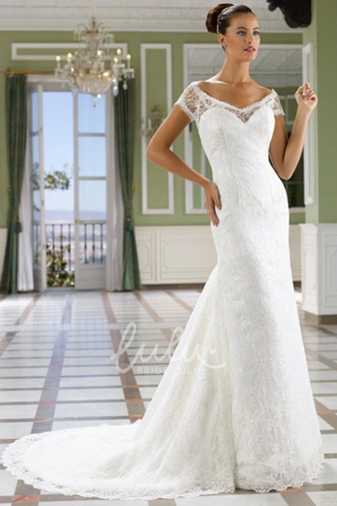 Short-Sleeve Illusion Lace Wedding Dress with V-Neck Sheath