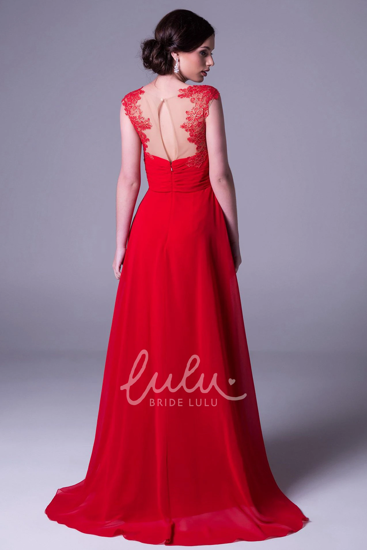 Appliqued Chiffon Cap-Sleeve Empire Prom Dress with Ruching and Floor-Length A-Line Skirt