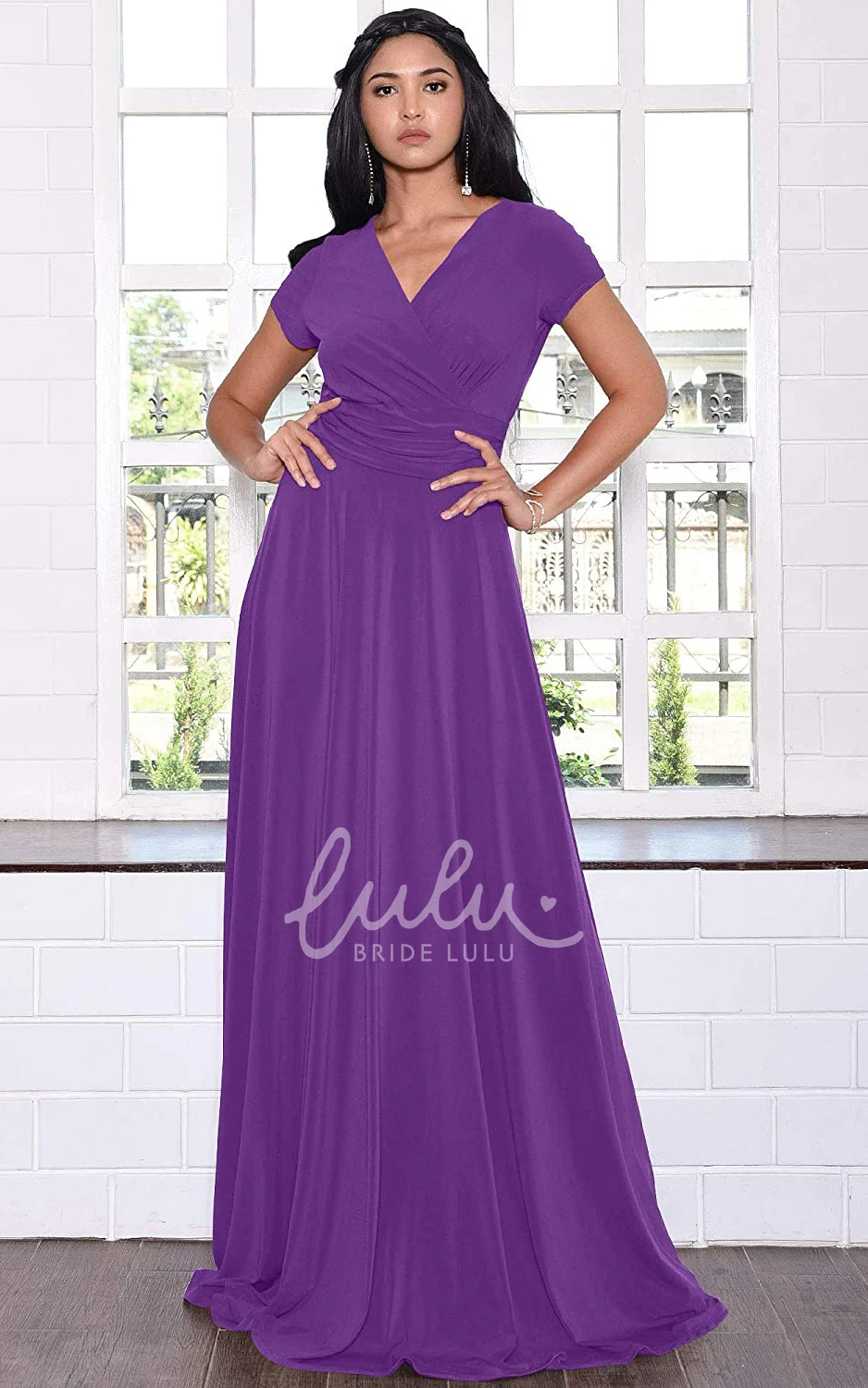 Simple Jersey V-neck A-line Evening Dress with Criss Cross and Pleats Prom Dress