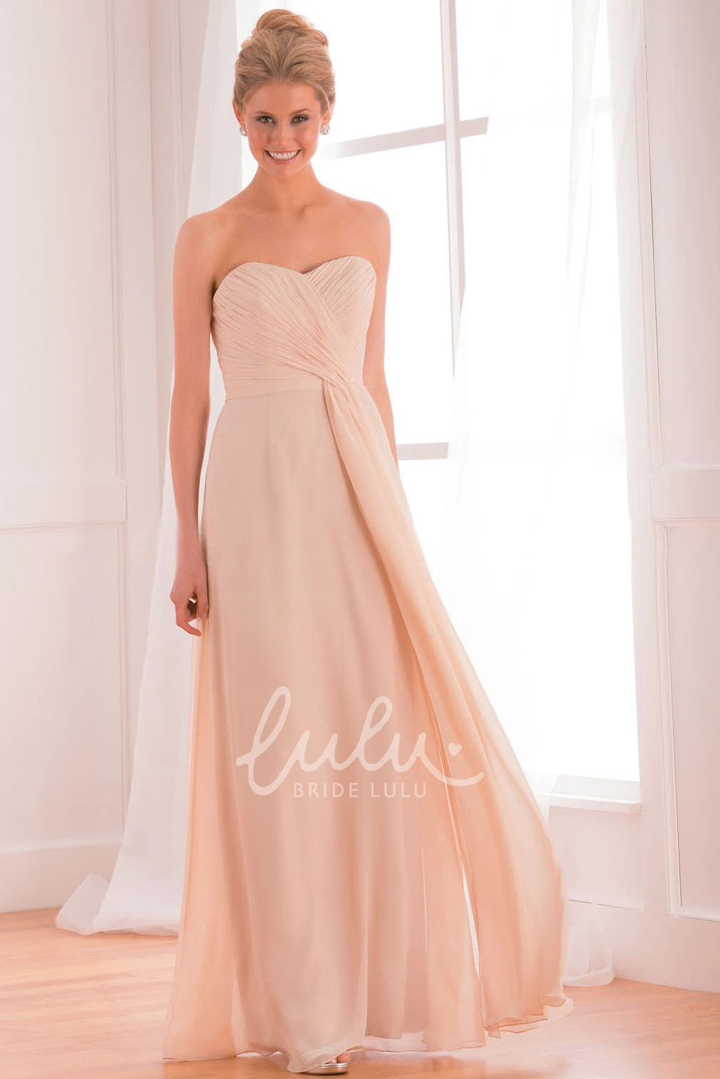 Chiffon Gown with Sweetheart Neckline and Crisscrossed Ruches Long Length