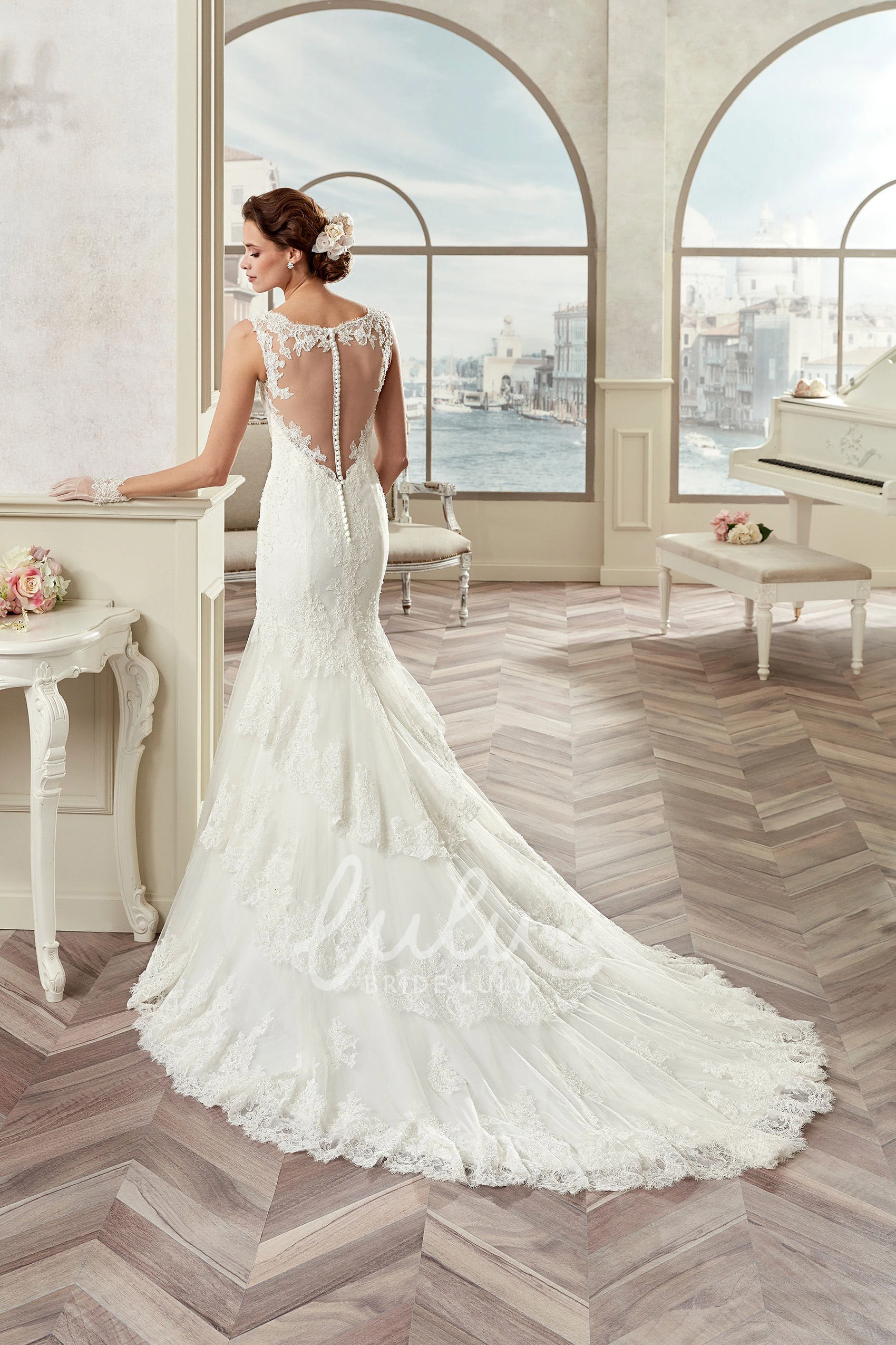 Mermaid Sheath Bridal Gown with Square Neckline Lace Straps and Brush Train