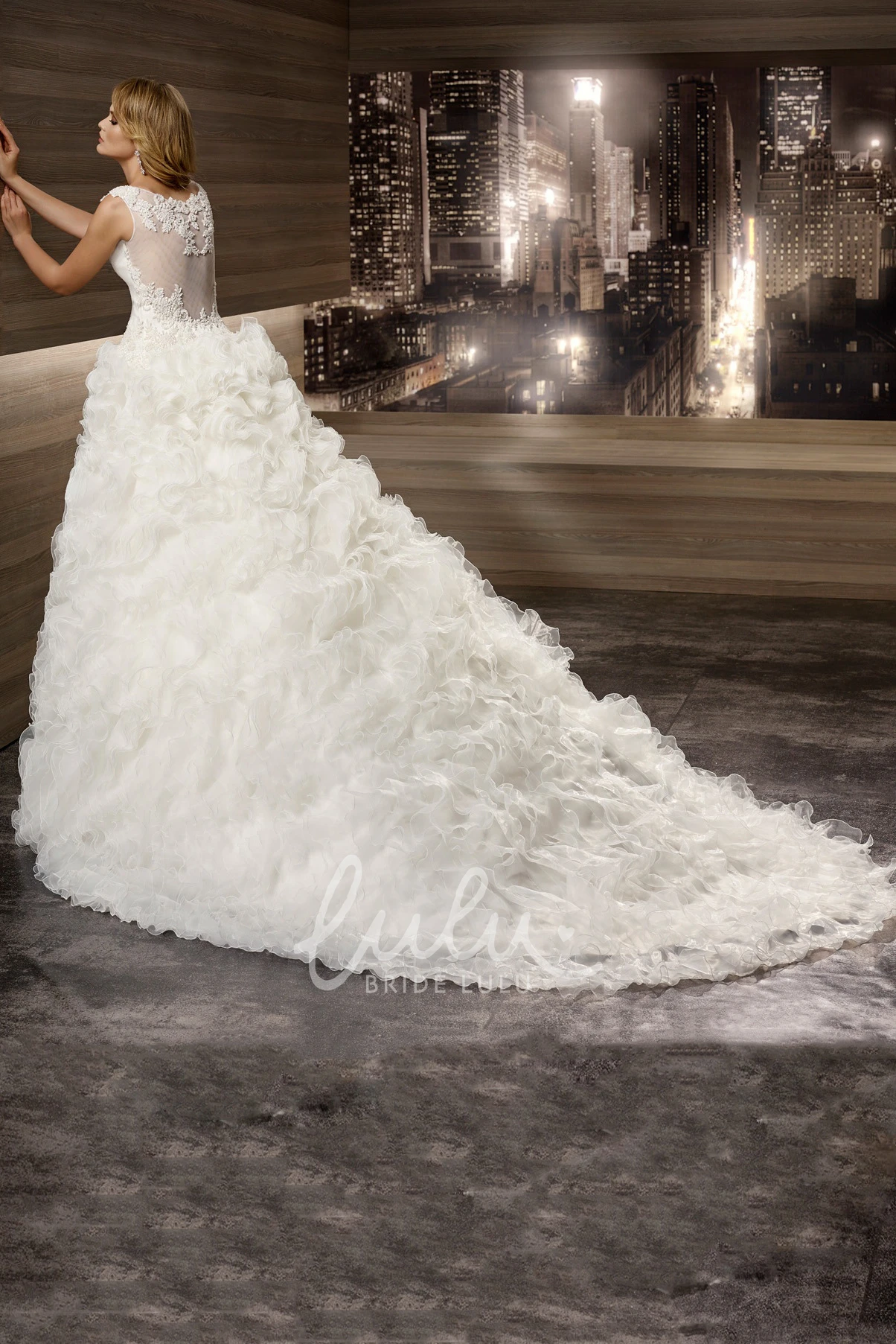 Cap Sleeve Lace Wedding Dress with Cascading Ruffles and Square Neckline